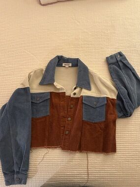 Colorblock Corduroy Cropped Jacket - Blue, Cream & Brown